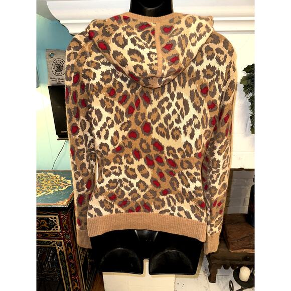 VINTAGE DESIGNER ANIMAL PRINT LEOPARD CASHMERE HOODIE CARDIGAN SWEATER - Picture 2 of 5